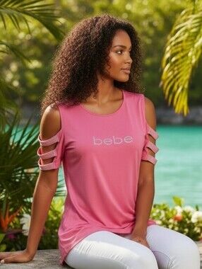 bebe Pink Cold-Shoulder Logo Tee